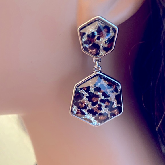 Glitter Leopard Double Hexagon Earrings - Picture 1 of 3